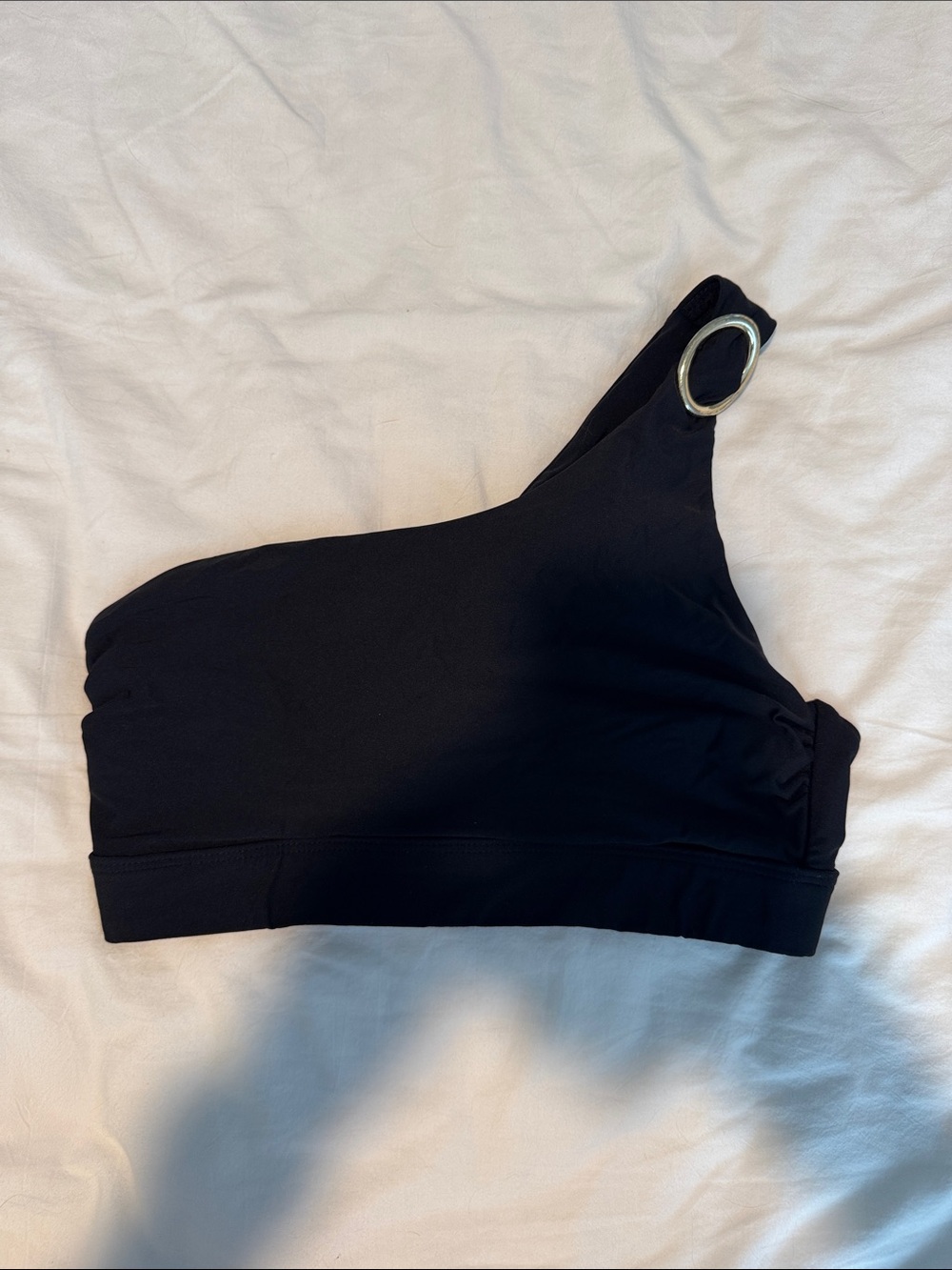 One-Shoulder Black Bikini Top with Gold Ring